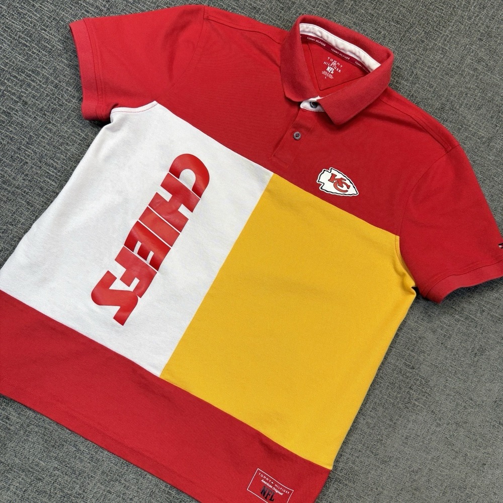Tommy Hilfiger Kansas City Chiefs Polo Shirt Men's Large Red Yellow Color Block‎